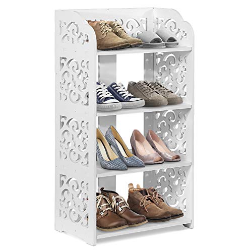 Greensen Schuhregal Weiß Schuhregal Schmal Schuhregale 4 Ebenen Schuhschrank Klein Aufbewahrungsregal Freistehend Badezimmer Schuhständer Modernes Bücherregal für Flur