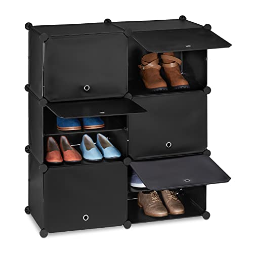 Relaxdays Schuhschrank, Steckschrank mit Türen, HxBxT: 95 x 85 x 31,5 cm, 12 Fächer, Regalsystem aus Kunststoff, schwarz