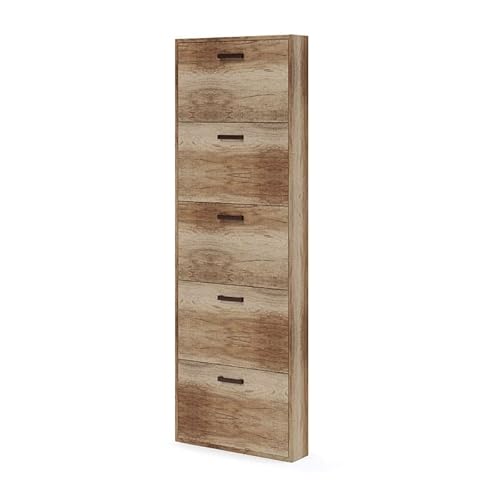 Schmaler Schuhschrank mit 5 Klappen Country Nussbaum Melamin Holz H.180x65x15 cm