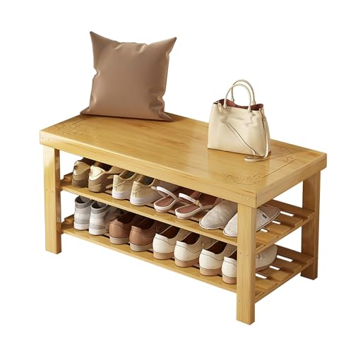 Schuhregal aus Bambus mit Bank, 3 Ebenen, Schuhablage für Flur, Eingangsbereich, Wohnzimmer, Schlafzimmer, Badezimmer, Holz-Finish, platzsparende Aufbewahrungslösung (58 x 27 x 45 cm)