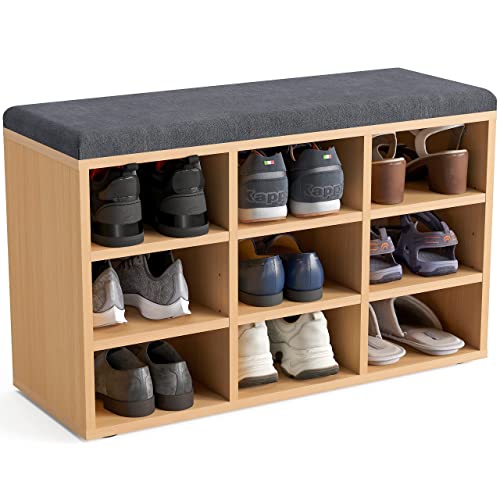 KOMTO Schuhbank mit Sitzfläche - Schuhregal Buche 80 x 50 x 30 cm Schuhschrank mit Sitzbank Flur Bank mit Stauraum Garderobenbank Sofia