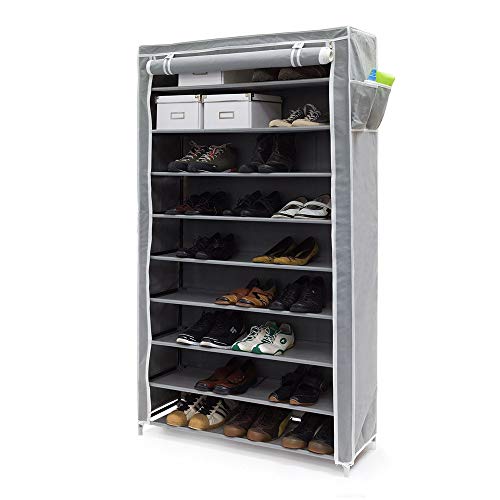 BAKAJI Platzsparender Schuhschrank 10 Einlegeböden 90 x 30 x 160 cm bis zu 45 Paar Schuhe, Gestell aus Stahl und Bezug aus TNT-Stoff, wasserdicht mit Reißverschluss staubdicht (grau)