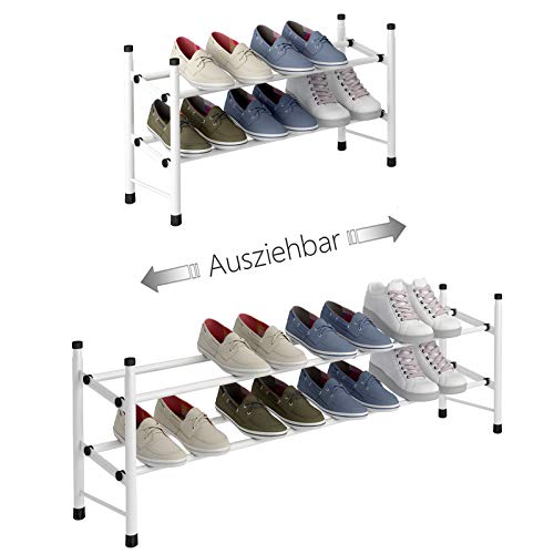 TZAMLI 2 Ebenen zur Aufbewahrung von bis zu 12 Paar Schuhen, Verstellbarer stapelbarer Stauraum den Flur, 60~110 x 22 x 36,5 cm (Weiß, 2 Böden)