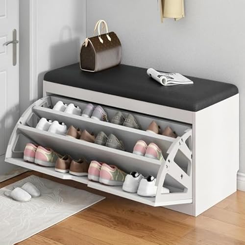 Schuhbank Weiss Holz Shoe Rack Small Schuhregal Platzsparend Multifunktionale Mit Gepolstertem Kissen Flip Tür Einfach Zu Bedienen Freistehende Für Flur, Schlafzimmer, Eingangsbereich(B,80X30X46CM)
