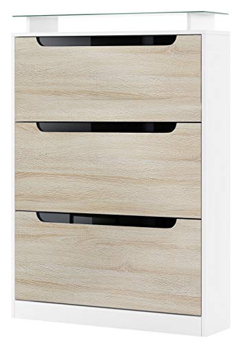 Vladon Schuhschrank Space, Made in Germany, Schuhkipper für 24 Paar Schuhe mit 3 Klappen und Glasablage, Weiß matt/Eiche sägerau mit Absetzungen in Schwarz Hochglanz (89 x 128 x 23 cm)