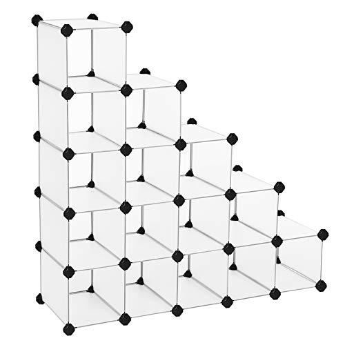 SONGMICS Schuhregal, Regalsystem, Steckregal, 15 Fächer, DIY Regal, stapelbar, aus PP-Kunststoff, als Garderobe, Raumteiler, für Schlafzimmer, Büro, 113 x 36 x 113 cm, weiß LPC44S