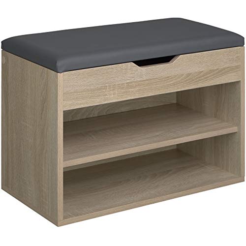 tectake 800843 Sitzbank mit Schuhregal, BxHxT: 60x43,5x30 cm, Holz Schuhbank Kommode mit Stauraum unter der Sitzfläche, 2 offene Fächer (Holz hell, Eiche Sonoma)