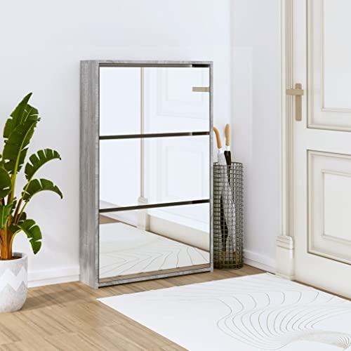 JKYOU Schuhschrank mit Spiegel 3-lagig grau Sonoma 63x17x102,5 cm