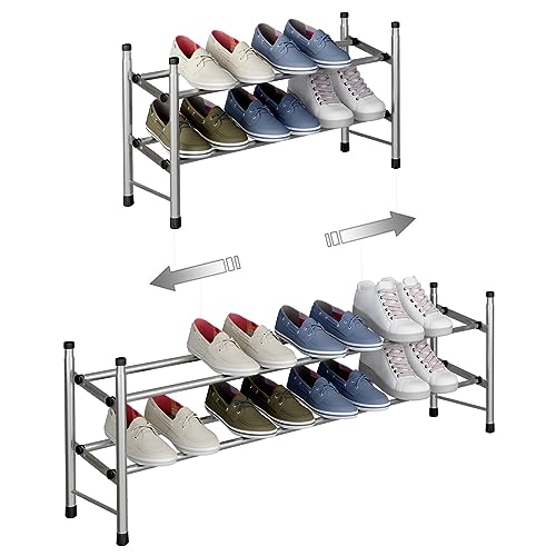 TZAMLI Ausziehbar Schuhregal mit 2 Ebenen zur Aufbewahrung von bis zu 12 Paar Schuhen, Verstellbarer stapelbarer Schuhregal-Stauraum für den Flur, 62~114 x 22 x 35 cm (Silber grau, 2 Böden)