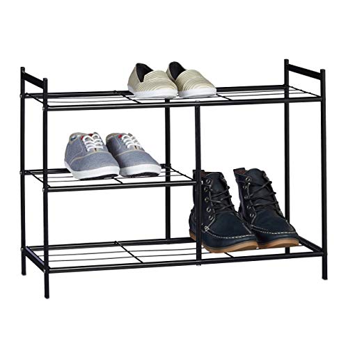 Relaxdays Schuhregal SANDRA mit 3 Ebenen, Schuhablage aus Metall, mit Stiefelfach, HBT: ca. 50,5 x 70 x 26 cm, für 8 Paar Schuhe, mit Griffen, schwarz