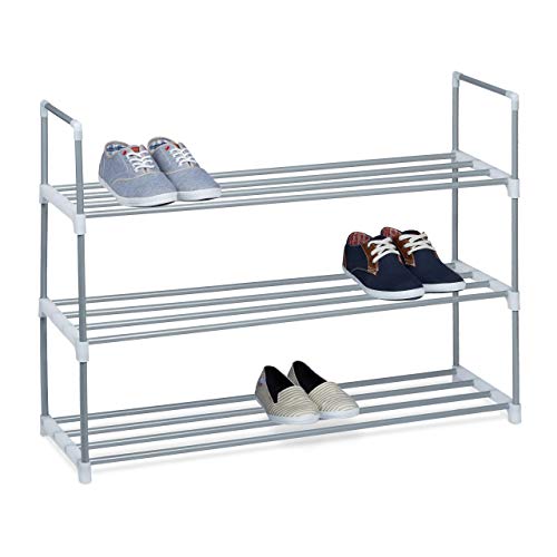 Relaxdays Schuhregal Stecksystem, 3 Ebenen, für 12 Paar Schuhe, HxBxT: 70 x 90 x 31 cm, Schuhständer Metall, silber/weiß