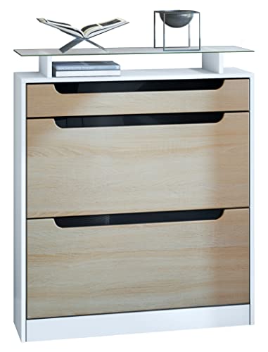 Vladon Schuhschrank Fiesta, Weiß matt/Eiche sägerau/Schwarz Hochglanz Schuhkipper für 16 Paar Schuhe mit 2 Klappen (89 x 104 x 23 cm)