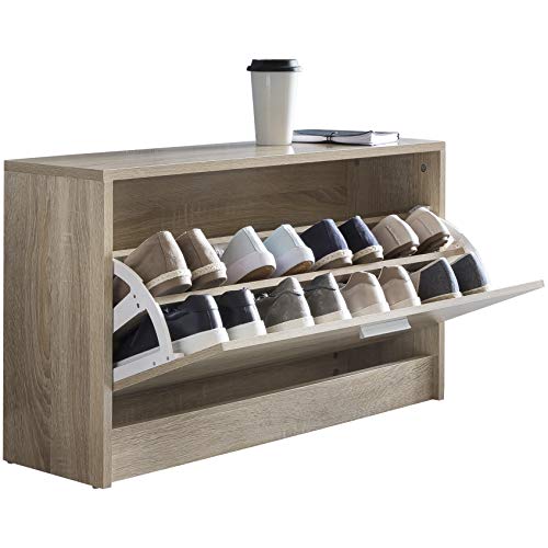 Wohnling Schuhkipper Split Modern 80 x 47 x 24 cm Holz Schuhregal Sonoma 1 Fach | Schuhkommode Flurschrank mit Ablage | Design Schuhschrank Schuhaufbewahrung | Flurkommode für Schuhe Tief