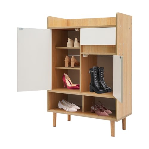Schuhschrank, Freistehender Schuhschrank, Schuhschrank Holz mit 1 Schublade 2 Türen, Schuhkipper, Schuhregal, Schuhaufbewahrung,Shoe Canibet für Wohnzimmer,60 * 32 * 90 cm (Kirsche Holzfarbe + Weiß)