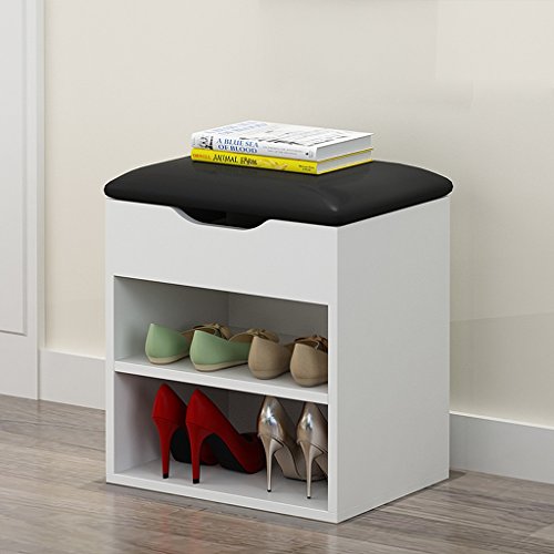 ZHEN GUO SHELF Moderne weiße MDF-kleine Schuh-Bank mit Lagerung und schwarzem PU-Kissen, minimalistischer Schuhregal-Eingang über der Tür-Organisator, 43x40x30cm, 2 Tier