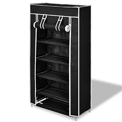 GOTOTOP 5 stufiger Schuhschrank Stoff Schuhschrank mit Reißverschlüssen Schwarz Pulverbeschichtete Rohre + Vliesstoff schwarz 58 x 28 x 106 cm
