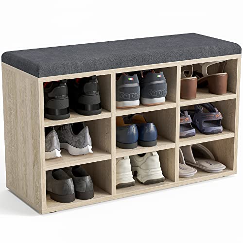 KOMTO Schuhbank mit Sitzfläche - Schuhregal Sonoma Eiche 80 x 50 x 30 cm Schuhschrank mit Sitzbank Flur Bank mit Stauraum Garderobenbank Sofia