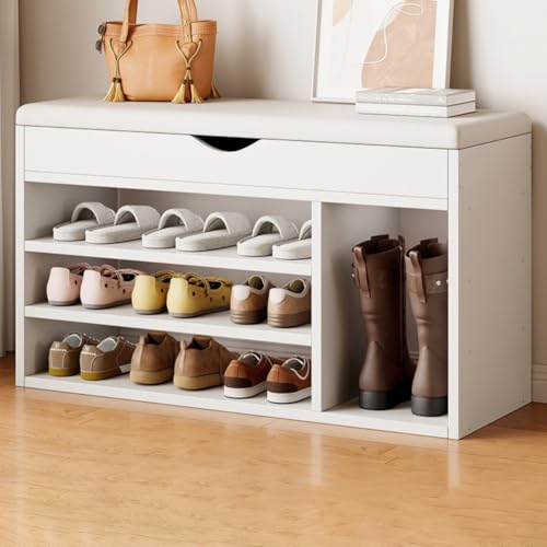 DODOBD Flur Schuhbank Weiss 60/80 cm Breit,Schuhbank mit Sitzfläche,Schuhschrank mit Sitzbank,Garderobenbank,Schuhregal mit Sitzbank,Schuhbank mit Stauraum,Sitzbank mit Stauraum Holz