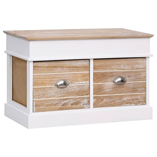 homiuse 70x35x45 cm Flurbank mit 2 Innenfächern und 2 Schubladen Weiß Sitzbank Schuhbank Ablagebank Aufbewarhungsbank Sitztruhen Sitzhocker Deko Wohnzimmer Schlafzimmer Paulownia Holz