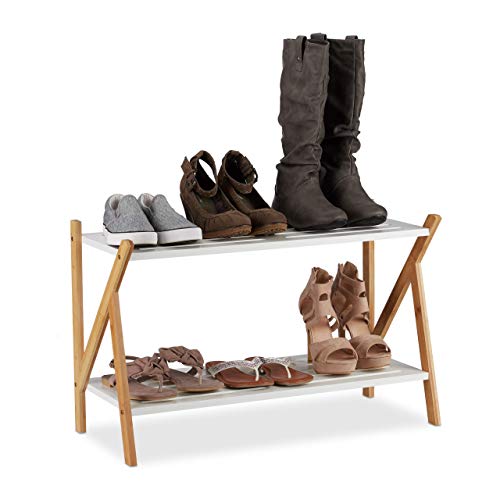 Relaxdays Schuhregal mit 2 Ebenen, für 6 Paar Schuhe, Holz Schuhablage aus Bambus & MDF, HBT: 45x71x32 cm, weiß/natur