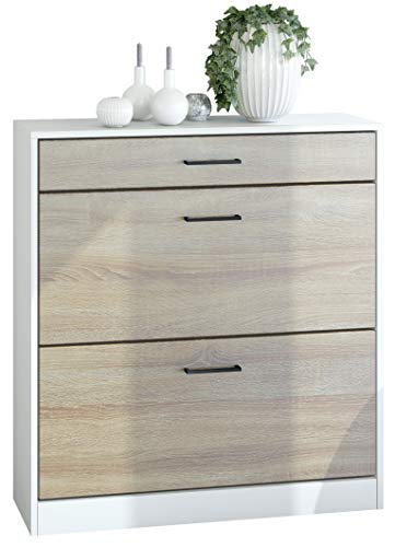 Vladon Schuhschrank Schuhkipper Elvas 89 x 95,5 x 27 cm, Made in Germany, Korpus in Weiß matt, Front in Eiche Sägerau | Große Farbauswahl