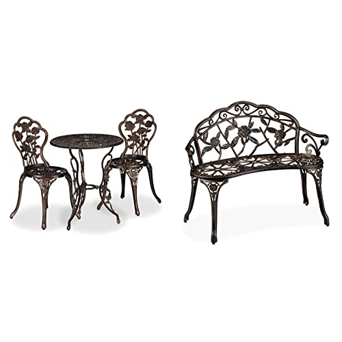 Relaxdays Gartenmöbel Set 3-teilig &, Bronze Gartenbank, 2 Sitzer, Rosen, Terrasse, Balkon, Alu & Gusseisen, antike Sitzbank, HBT: 78 x 99 x 52 cm, Gußeisen, schwarz