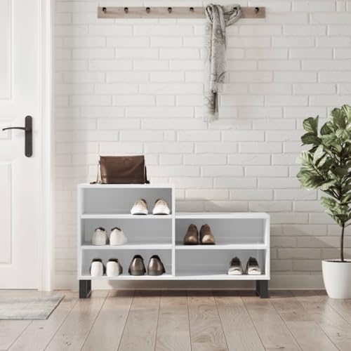 FENLAX Schuhschrank/Schuhbank aus Holzwerkstoff,Metall 102x36x60cm Hochglanz-Weiß Schuhschrank Holz Lagerschrank Shoe Organizer Platzsparendes Schuhregal Schuh Aufbewahrung Praktischer Flurschrank