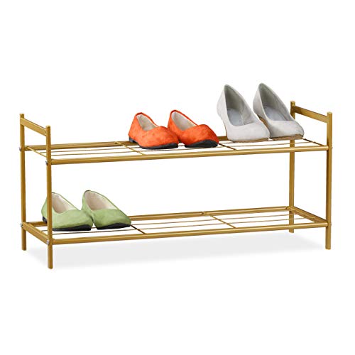 Relaxdays Schuhregal SANDRA, 2 Ebenen, für 6 Paar Schuhe, offen, Metall, Schuhablage, HBT: ca. 33,5 x 69,5 x 26 cm, gold