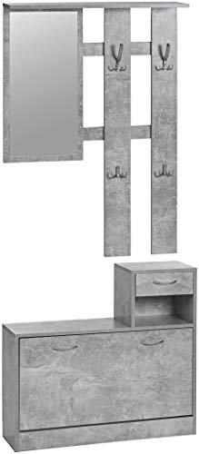 ts-ideen 3er Set Wand-Garderobe Spiegel Schuhkipper Schuhschrank mit Schublade und Ablage (Betonoptik)