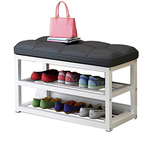 Schuhregal, mit gepolsterter Sitzfläche Schuhbank Sitzbank Bettbank und Metallrahmen, Schuhschrank, für Eingangsbereich, Flur Schlafzimmer Wohnzimmer, Kunstleder Schuhablage (80cm, 60cm),Schwarz,60cm