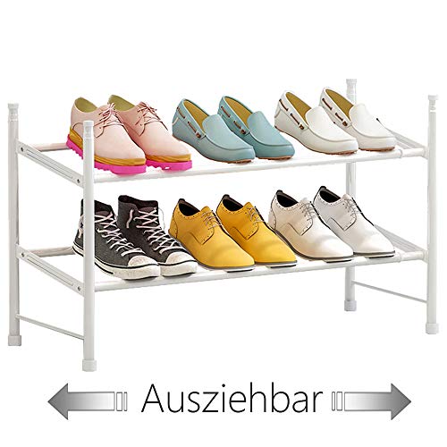 TZAMLI Ausziehbar Schuhregal mit 2 Ebenen zur Aufbewahrung von bis zu 12 Paar Schuhen, Verstellbarer stapelbarer Schuhregal-Stauraum für den Flur, 60~110 x 22 x 36,5 cm (Weiß, 2 Böden)